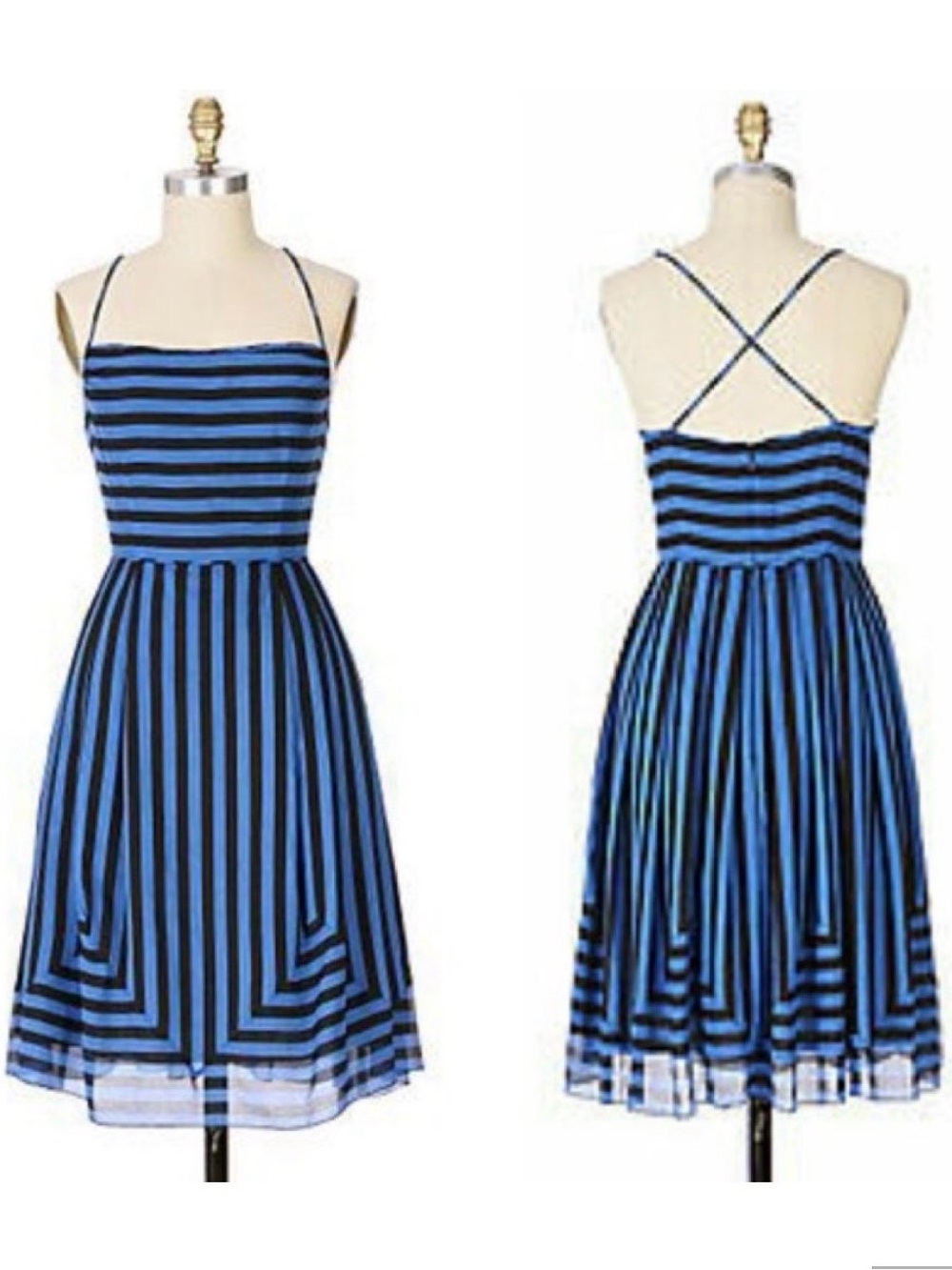 Anthropologie Anna Sui Grand Prix Blue Striped Silk Dress 4 Spaghetti Straps